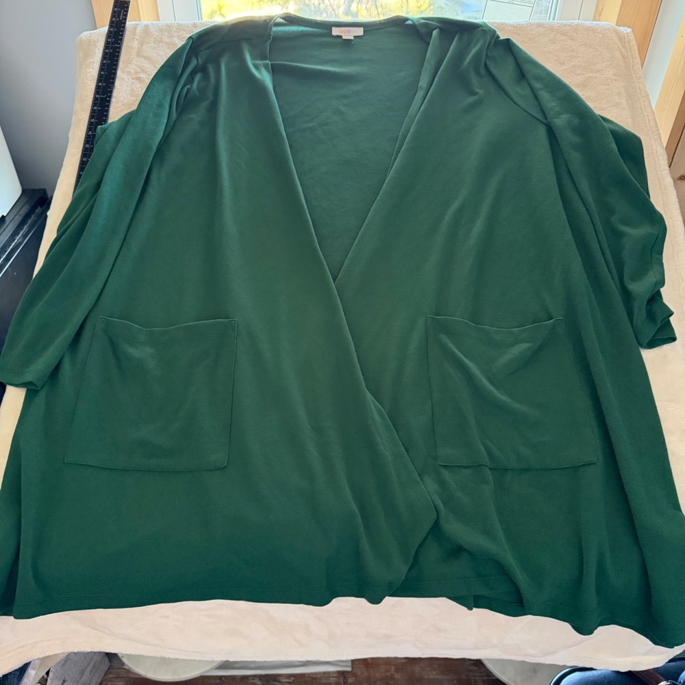LuLaRoe Green Open Front Cardigan Pockets 3XL Oversized Knit Sweater